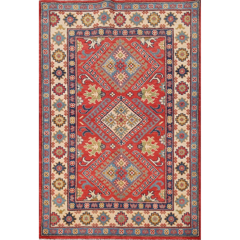 Geometric Kazak Rug Hand-Knotted Red Wool Carpet - 3'4"x 5'2"