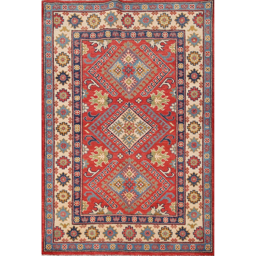 Geometric Kazak Rug Hand-Knotted Red Wool Carpet - 3'4"x 5'2"