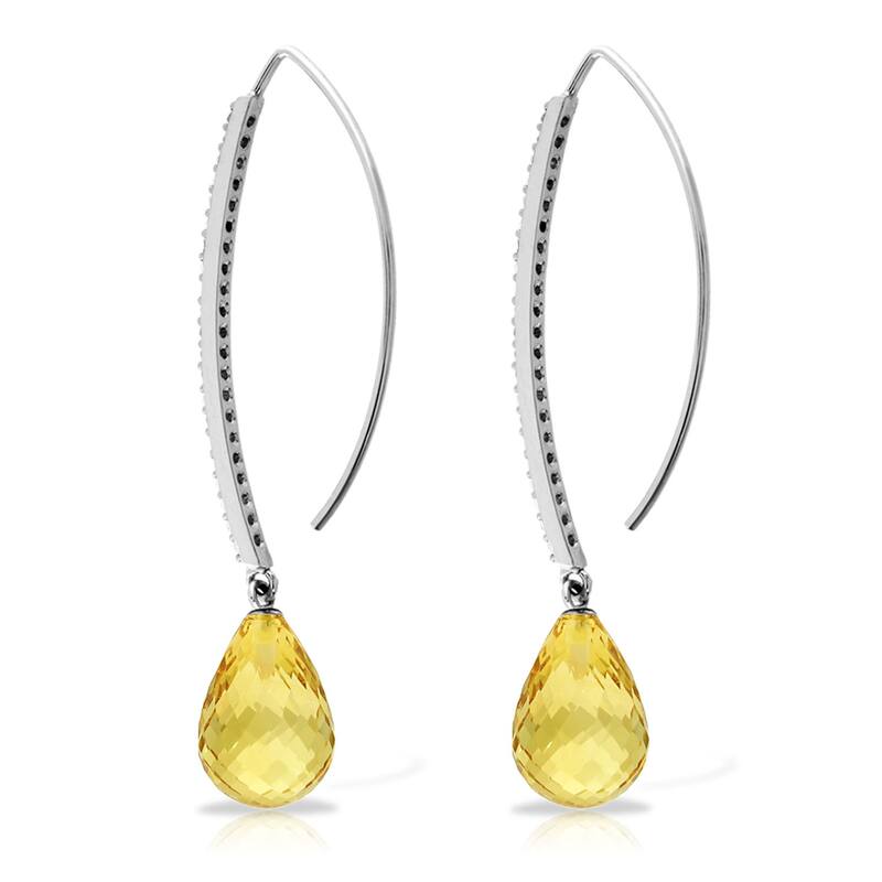 14K Solid Gold Diamonds Hook Earrings w/ Dangling Briolette Citrines