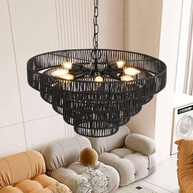 24" Modern 5-Layer Woven Hemp Rope Chandelier, Boho Style Pendant Light, Elegant Hanging Light Fixture for Living Room, Bedroom