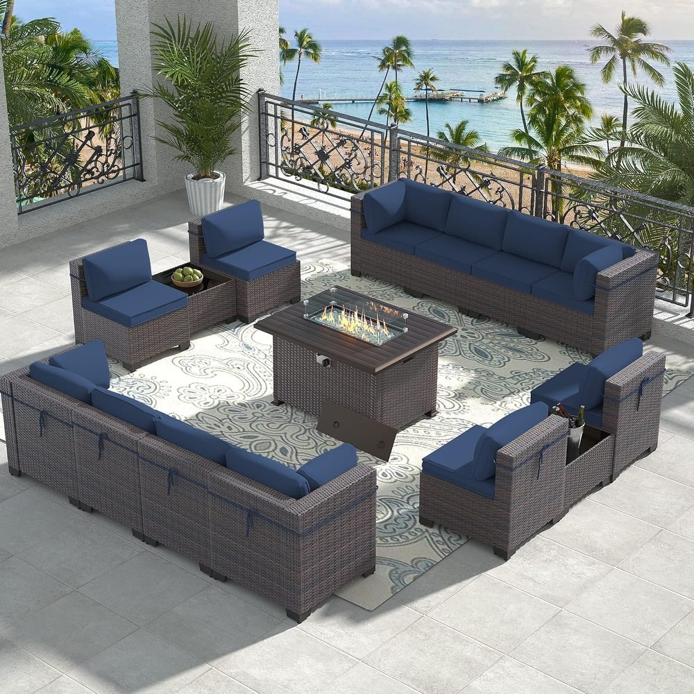 15-Pieces Wicker Patio Furniture Set, Outdoor Sectional Chairs with Firepit Table & Side Table