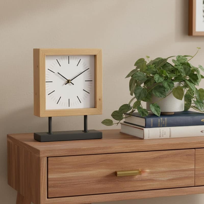 HomeRoots 11" Natural And Black Solid Wood And Metal Square Table Clock - 8.07 in. x 11.02 in. x 2.76 in. - Black/Natural - 8.07 in. x 11.02 in.  x 2.76 in.