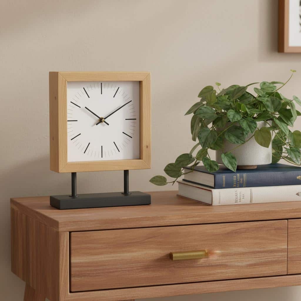 HomeRoots 11" Natural And Black Solid Wood And Metal Square Table Clock - 8.07 in. x 11.02 in. x 2.76 in.