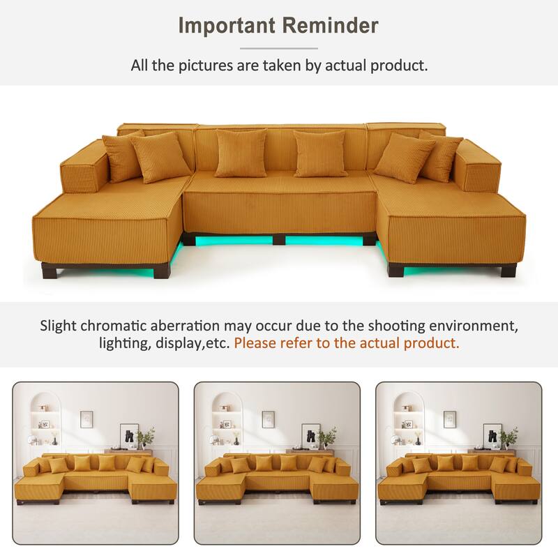 Roomfitters 130 Inch Modern U-Shaped Sectional Sofa with RGB LED Lights and 6 Pillows, Corduroy