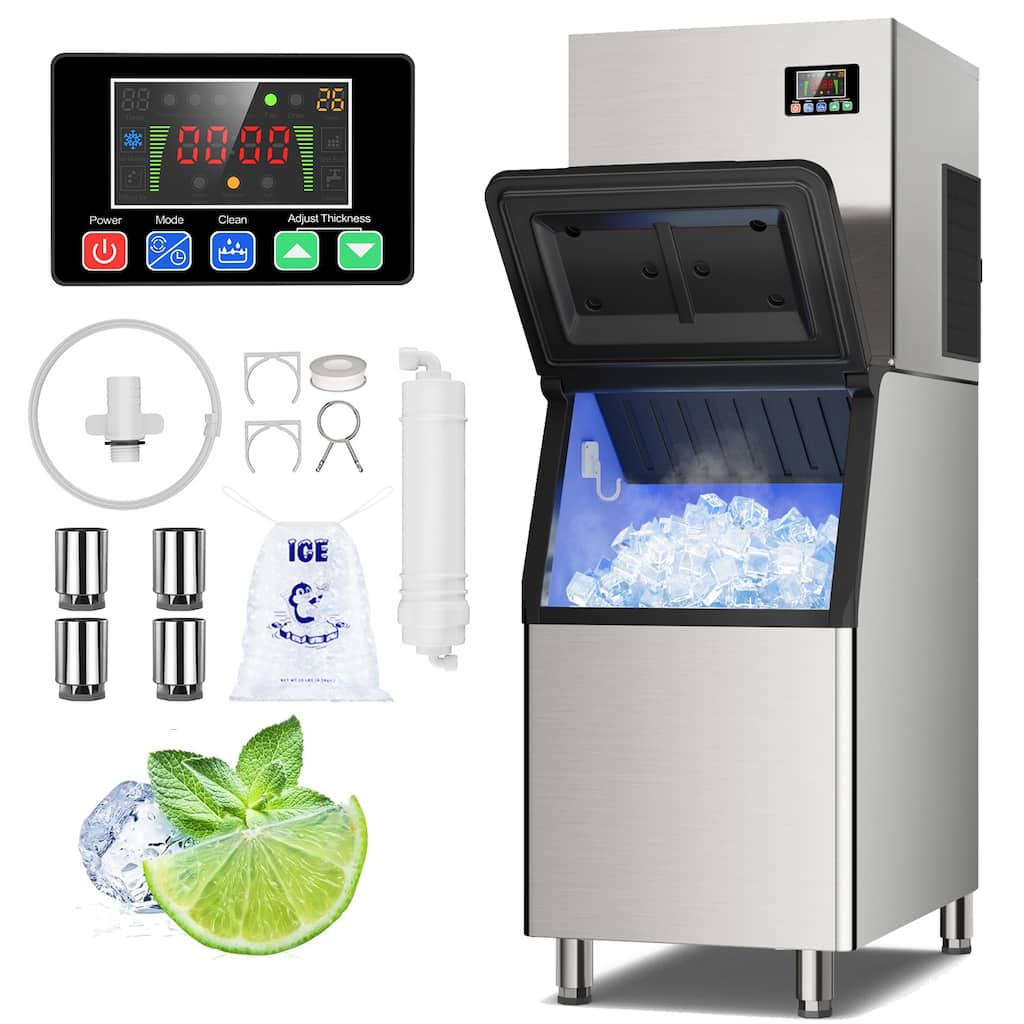 Commercial Ice Maker Machine 600LBS/24H with 400LBS Storage Bin, 156 Full Cube Ice Ready in 8-15 min, Air Cooled