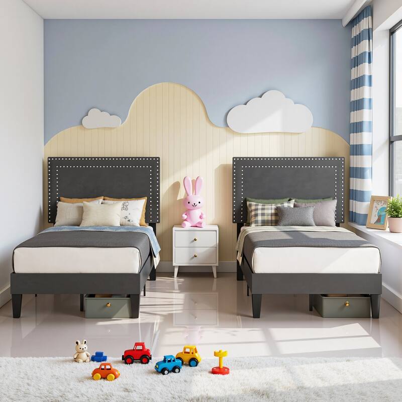 Set of 2 Upholstered Twin Size Platform Bed with Adjustable Headboard Double Riveted Headboard Twin Size Platform Bed - Dark Grey - Twin