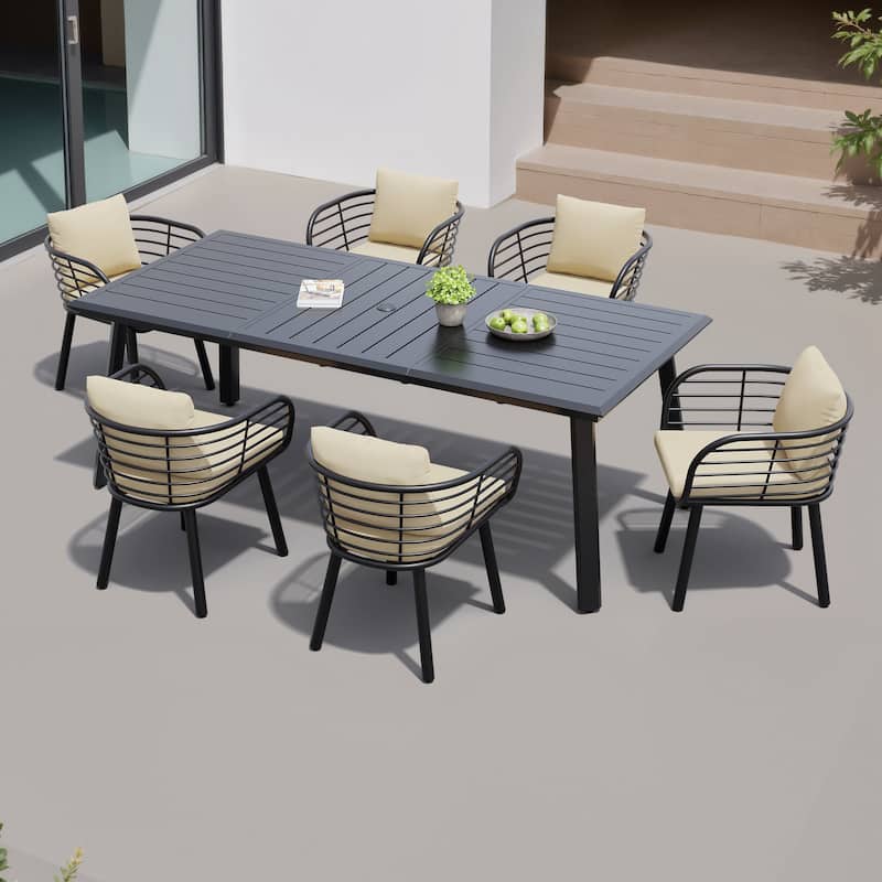 7/9-Piece Set Outdoor Aluminum Dining Table and Dining Chairs with Sunbrella Fabric Cushion - Canvas Antique Beige - Set of 7