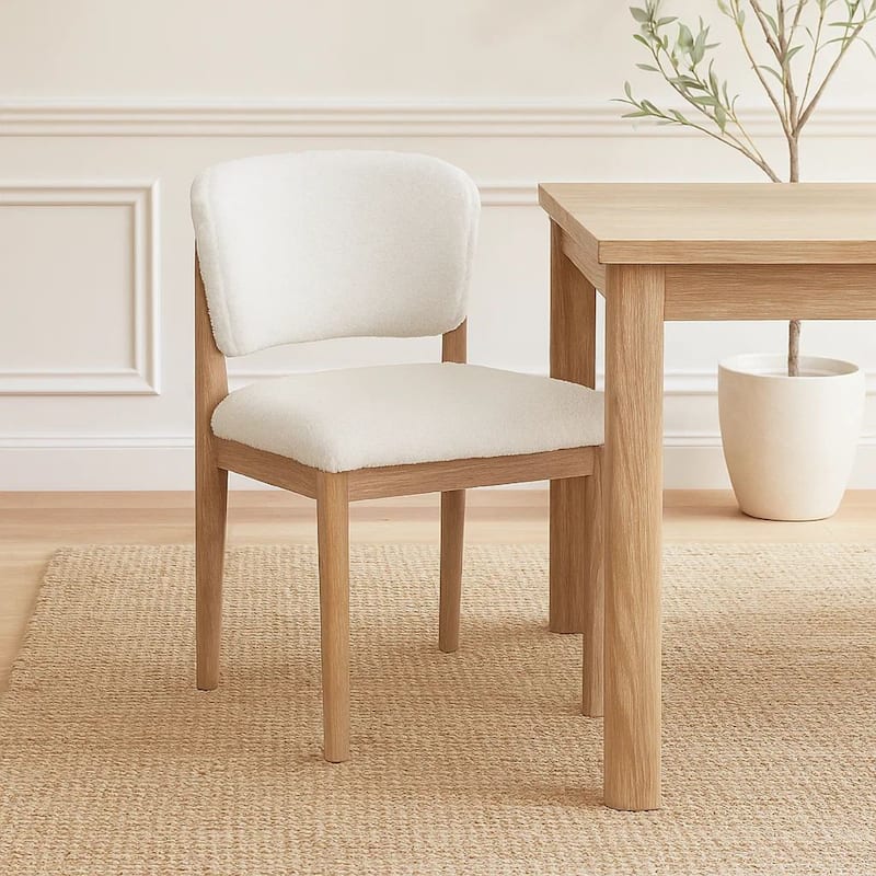 Dining Side Chair Set of 2, Plush White, Open Back, Natural Gray Wood