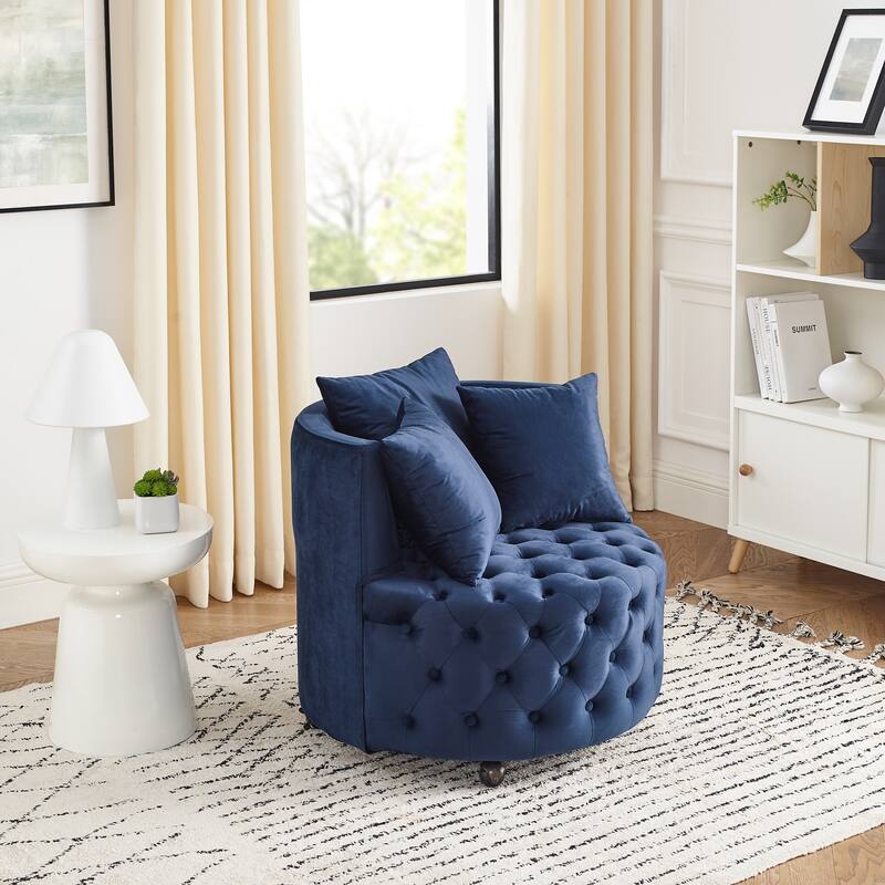 Roomfitters Velvet Swivel Chair with Tufted Button Design, Round Accent Chair with 3 Pillows and Wheels, Lounge Seating