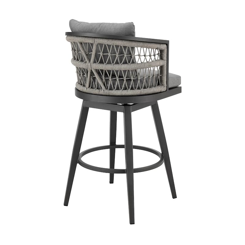Zella Outdoor Patio Swivel Counter Stool in Aluminum with Rope and Cushions