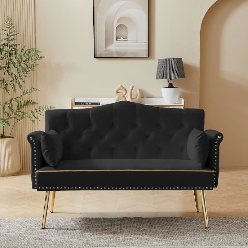 Velvet Loveseat Tufted Couch with 2 Pillow Upholstered Deep Seat Sofa Rivet Arm Lounge Couch Living Room 2 Seater Couch - Black