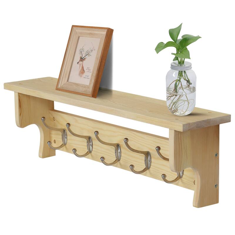 Rustic Wall Mounted Coat Rack with Storage Shelf & Metal Hooks