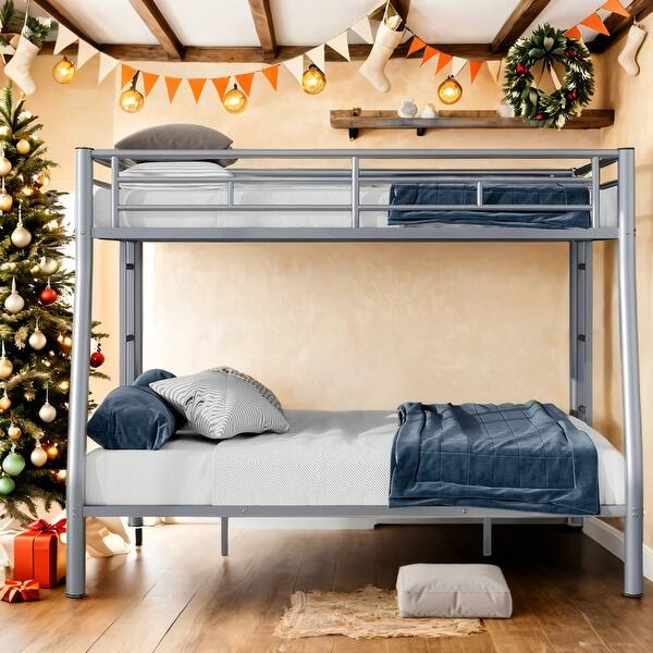 slide 2 of 10, Full XL over Queen Metal Bunk Bed with Ladder and Safety Guardrails,Kids Bed Design Silver
