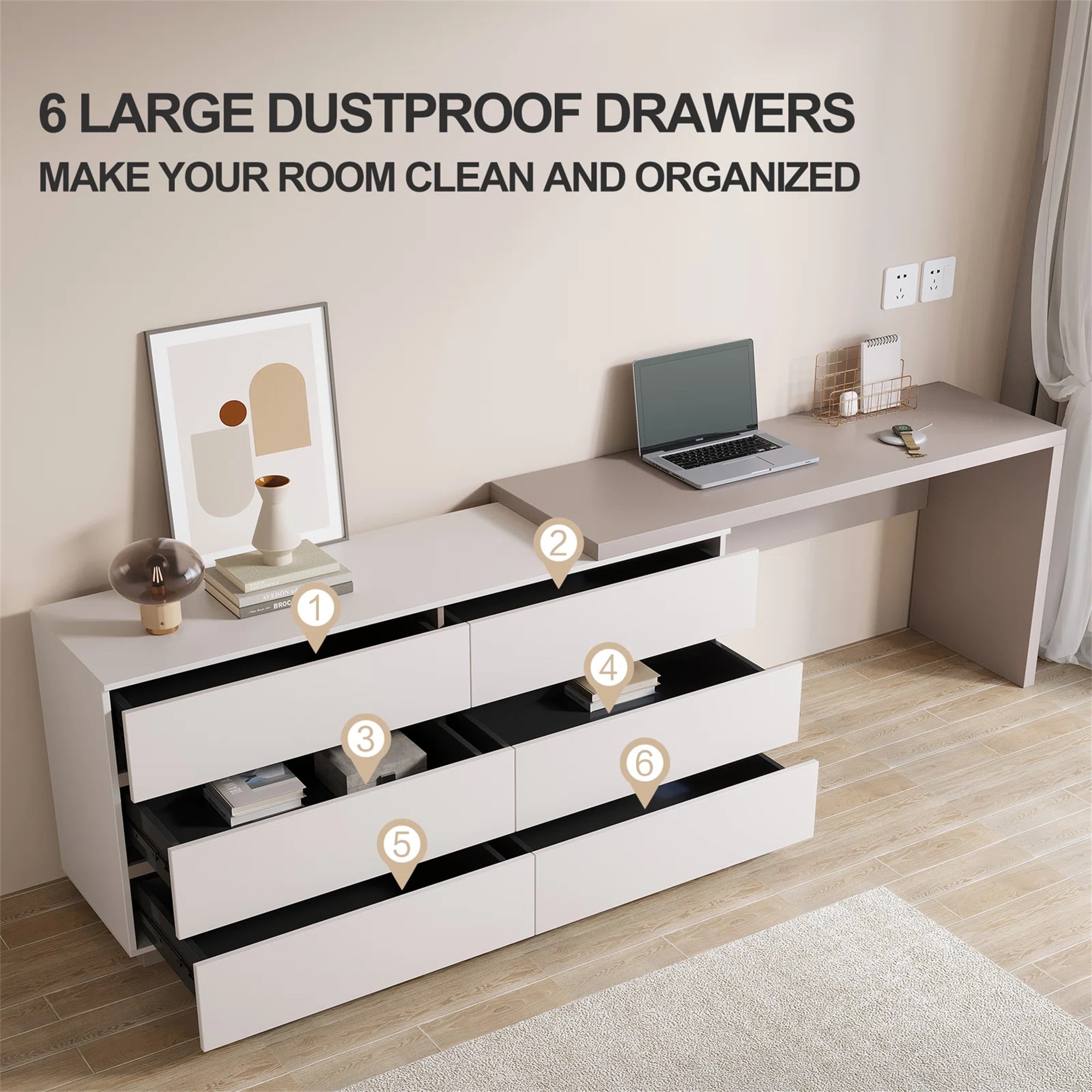 97.63" Modern Home Office Expandable Dresser Desk Combo with 6 Drawers