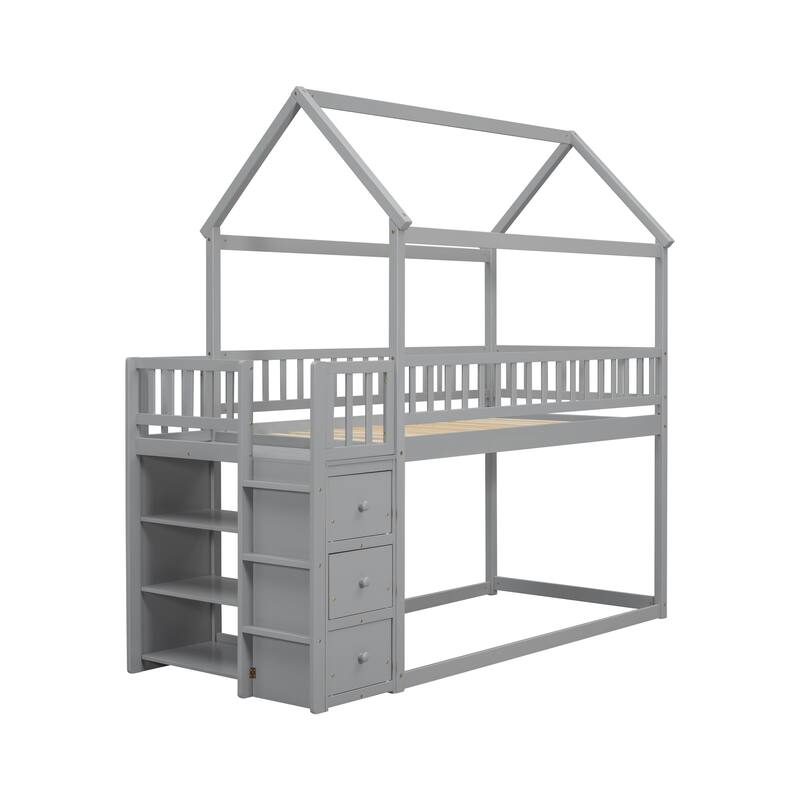 Sturdy Twin Size House Bunk Bed with Storage Drawers and Shelves, Pine Wood Bunk Bed for Kids with Roof and Guardrails.
