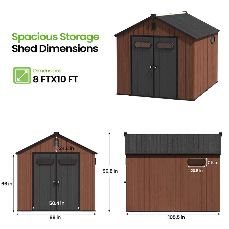 VredHom 8X8/8X10/8X12 FT All-Weather Outdoor Resin Lockable Storage Shed with Windows Floor for Patio Furniture and Tools
