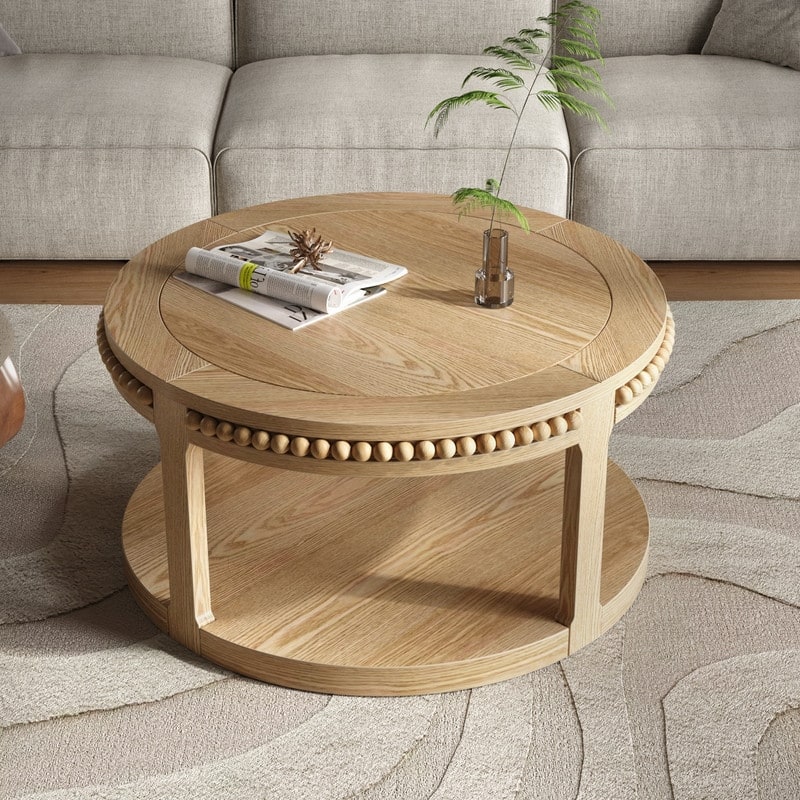 Round Solid Wood Coffee Table, Two-Tier Design with Sturdy Construction for Living Room Elegance - Natural