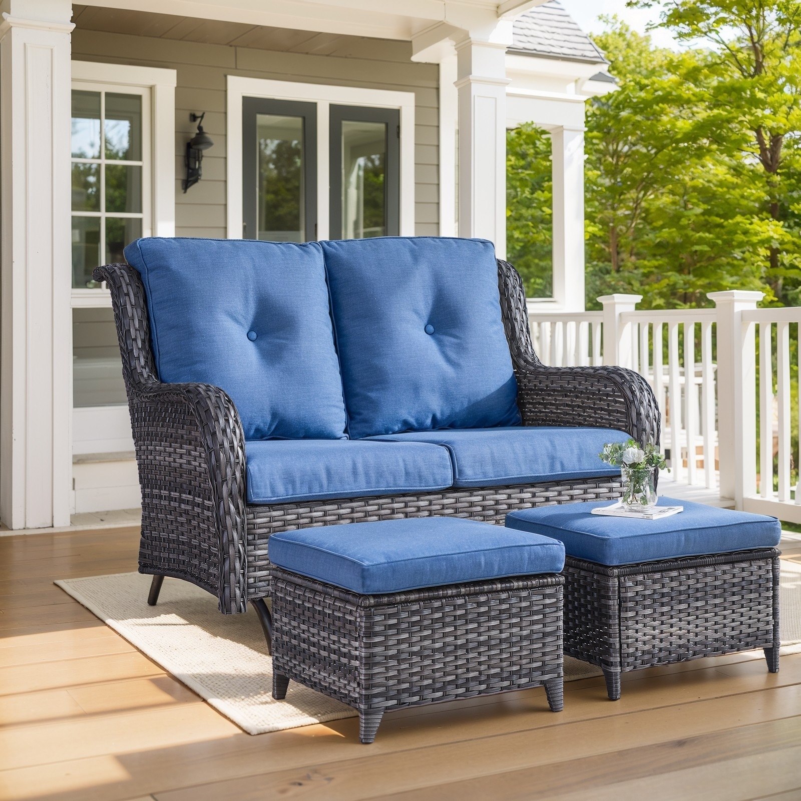 Outdoor Glider Loveseat Sofa with Ottoman - Blue cushion - Grey