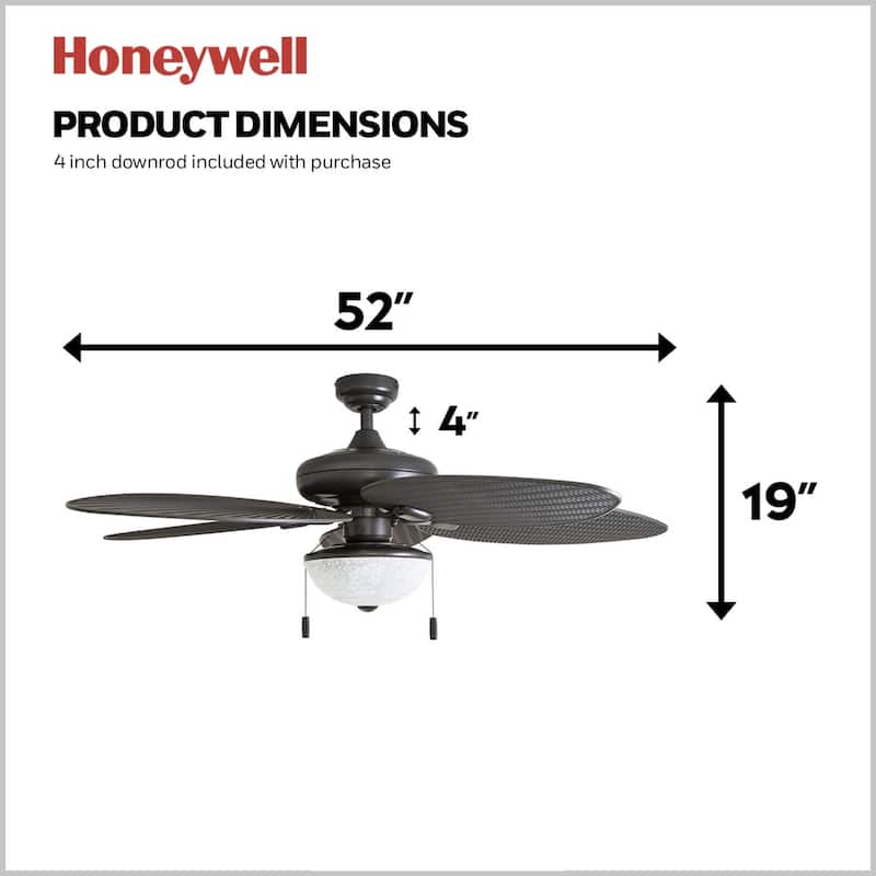 52" Honeywell Inland Breeze Bronze Indoor/Outdoor Ceiling Fan with Light, Pull Chain, Weather Resistant Blades