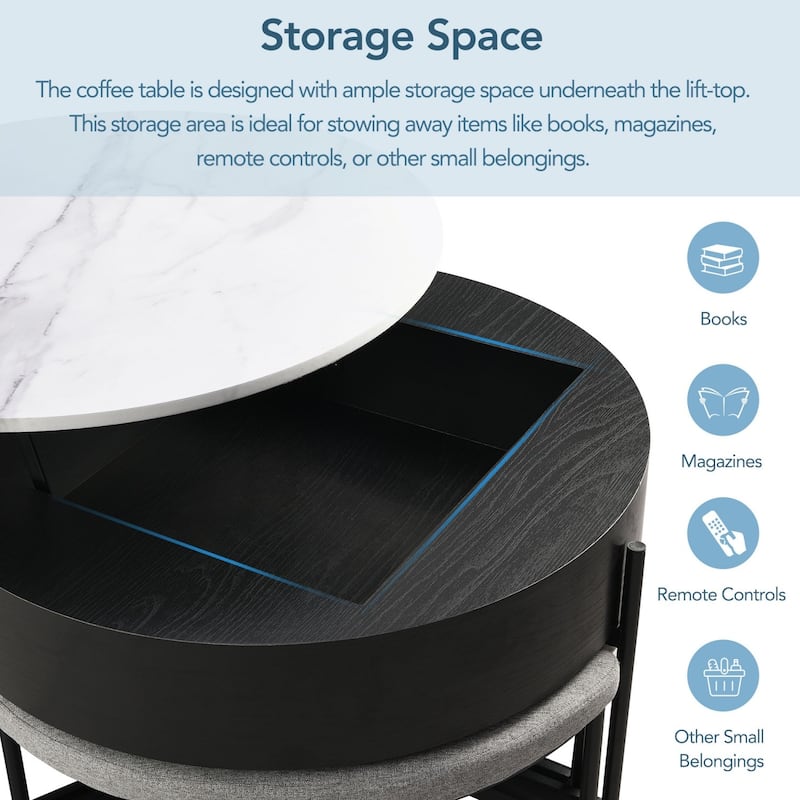 Round Coffee Table with Lift-Top & 3 Ottoman