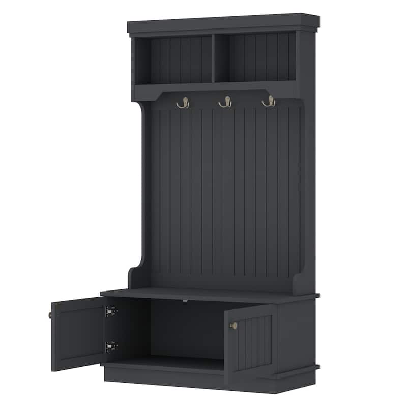 GDFStudio - Cherry Hall Tree with Shoe Bench, Coat Hooks and Display Shelves - 4-in-1 Entryway Organizer