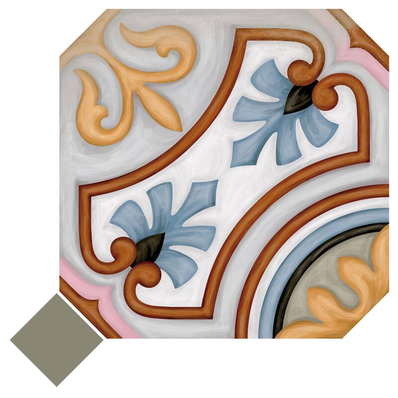 Merola Tile Vaudeville Octagon Deco Diglas with Taco Oliva 7-7/8" x 7-7/8" Porcelain Floor and Wall Tile