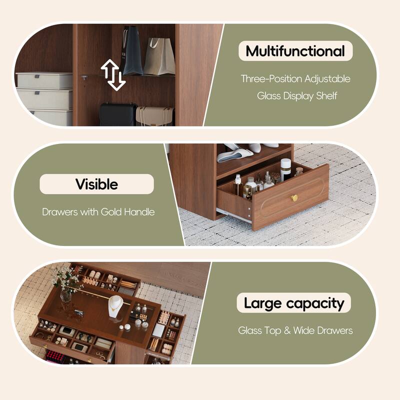 Roomfitters Closet Island with 6 Drawers, Glass Display Top and Open Shelves, Wardrobe Storage and Jewelry Vanity