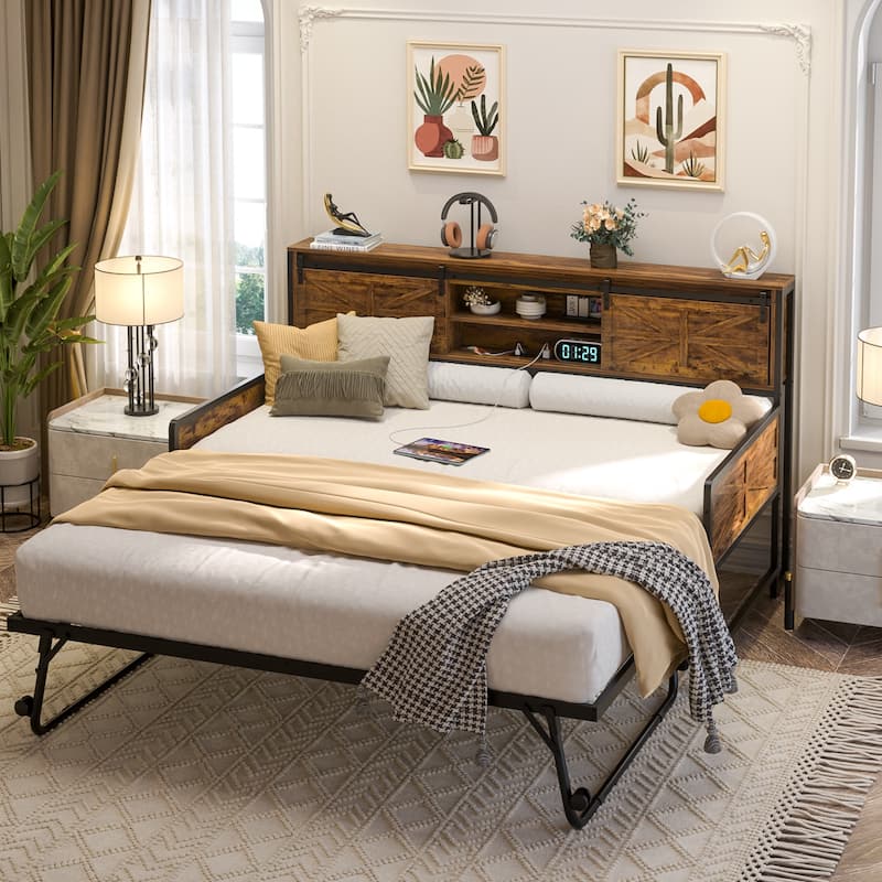 Farmhouse Twin Daybed with Pop-up Trundle Bed and Charging Station，Sofa Bed Frame with Bookcase Headboard with 2 Sliding Doors - Rustic Brown