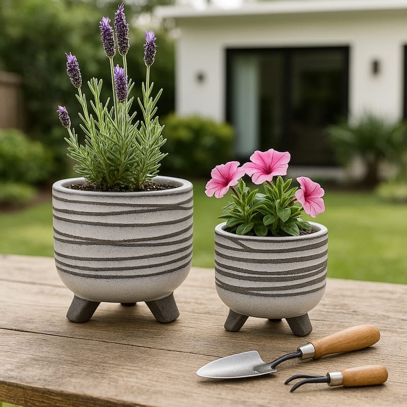 Ceramic Footed Round Planter - Set of 2