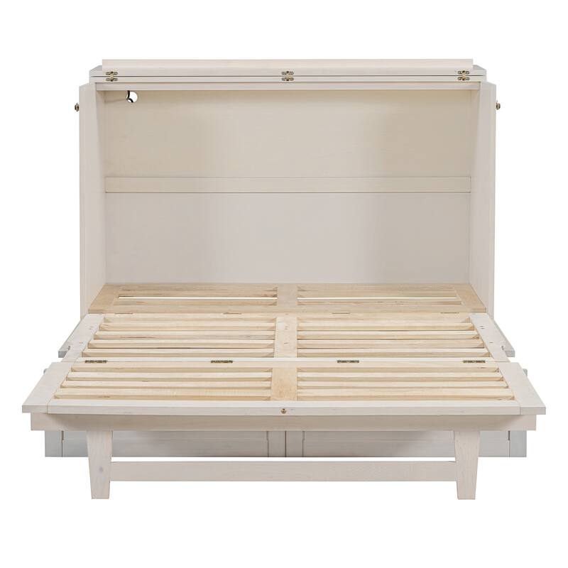 Space-Saving Full Size Murphy Bed with USB Ports and Storage Drawers, Brushed White