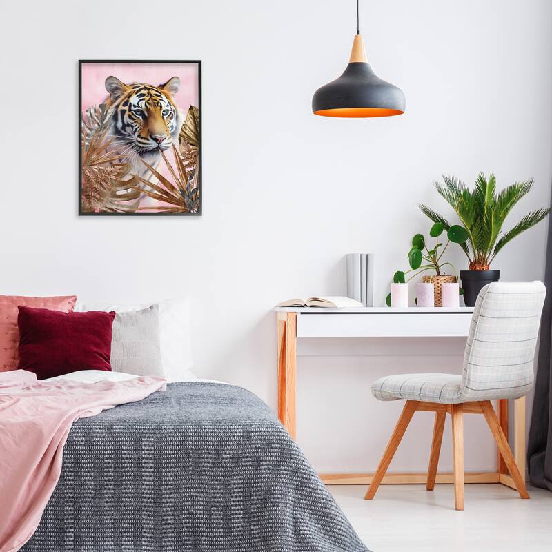 Stupell Exotic Tiger with Gold Leaves Framed Giclee Art Design By Kim Allen