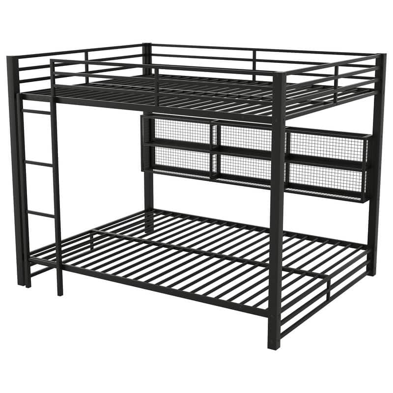 Metal Queen over Queen Bunk Bed with Storage Cabinets and LED, Black