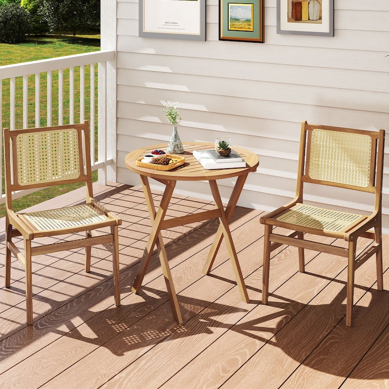 Natural Acacia Wood Folding Side Table with Slatted Top and X Shaped Frame for Patio or Garden - 26"Dia x 27"H