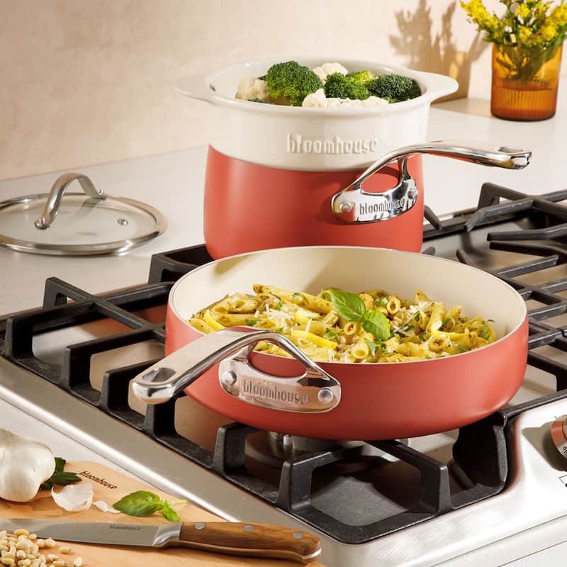 Bloomhouse 4-Piece Aluminum Cookware Set w/ Non-Stick Non-Toxic Ceramic Interior and Ceramic Steamer Insert