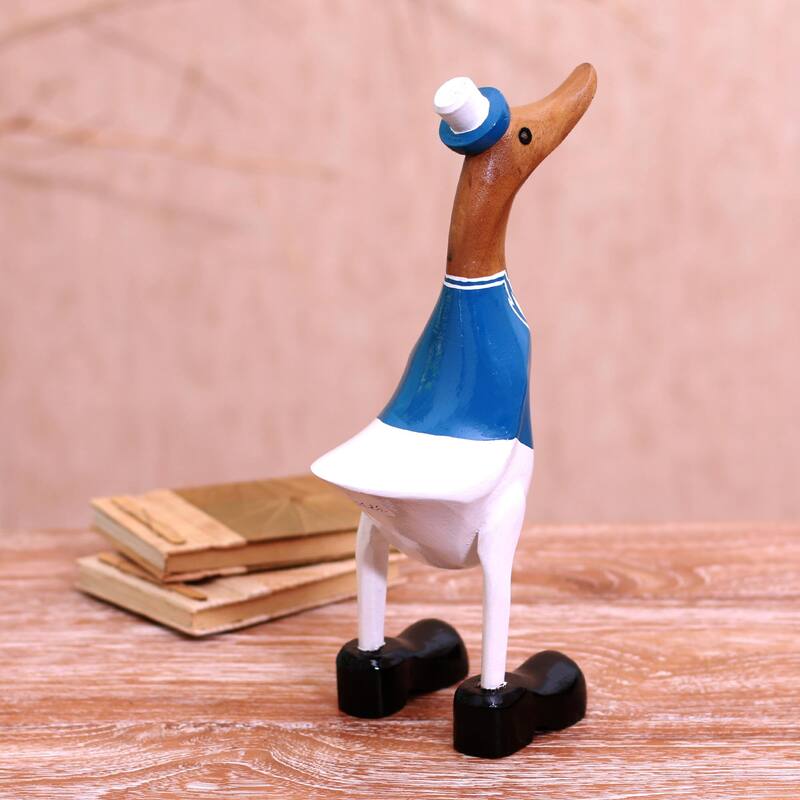 Novica Handmade Captain Duck In Blue Bamboo Root And Wood Sculpture