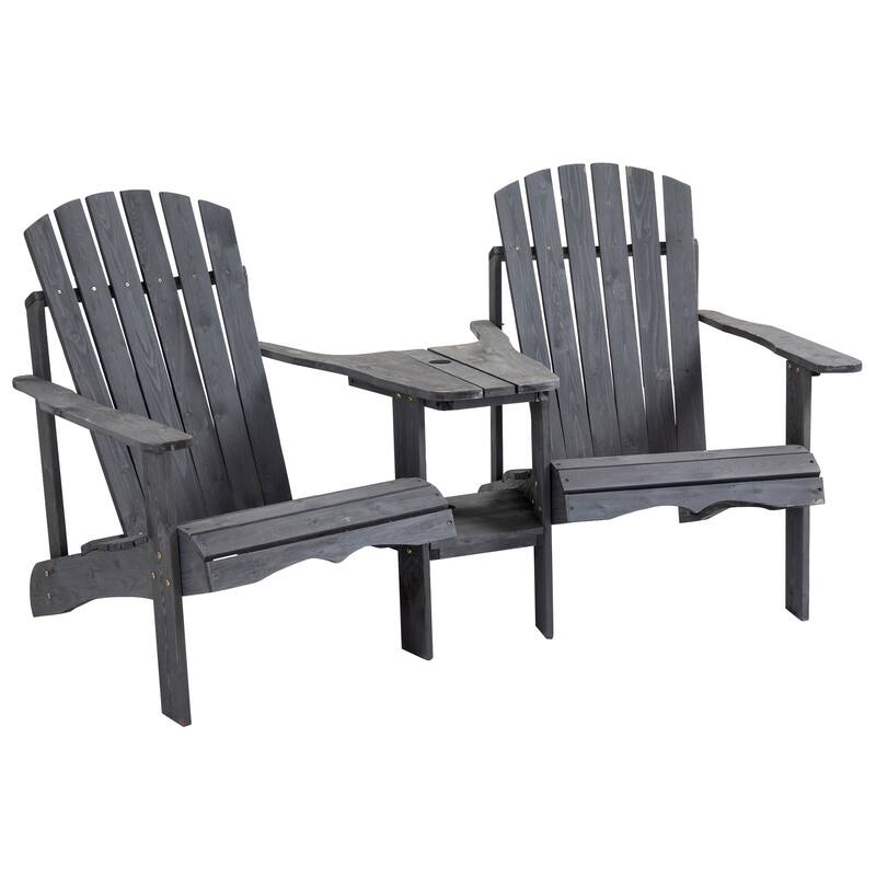 Outsunny Wooden Outdoor Double Adirondack Chairs with Center Table and Umbrella Hole, Perfect for Lounging and Relaxing