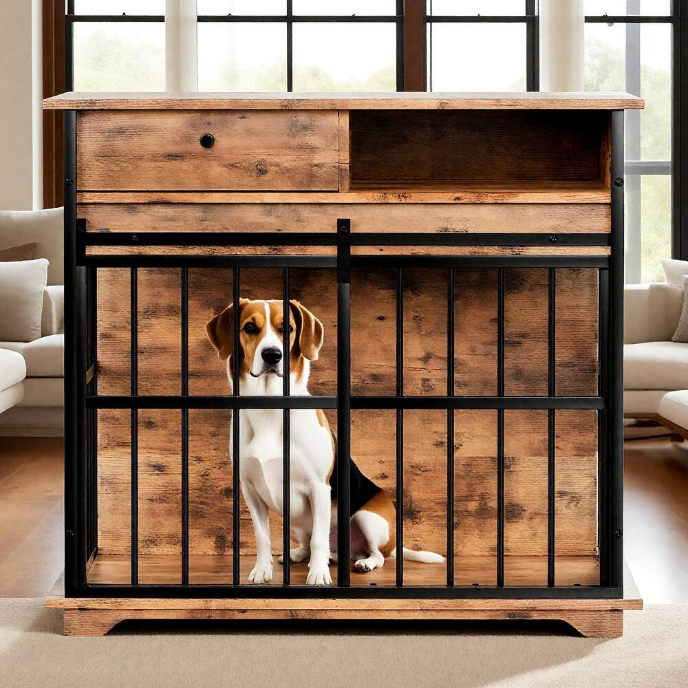 Wooden Dog Kennel Furniture Dog Crate Furniture with Drawer and Solid Wood Top, Side Storage Compartment
