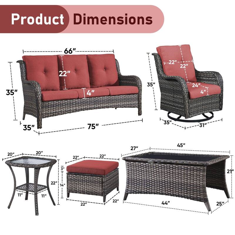 Pocassy Outdoor 7PCS 3-Seat Sofa Swivel Chairs Table Ottoman