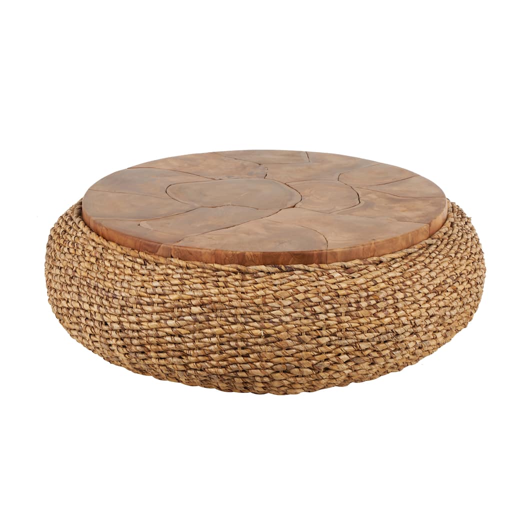 Rattan Wrapped Coffee Table with Teak Tabletop - Brown - Roche River Decor - 47"W x 47"L x 15"H