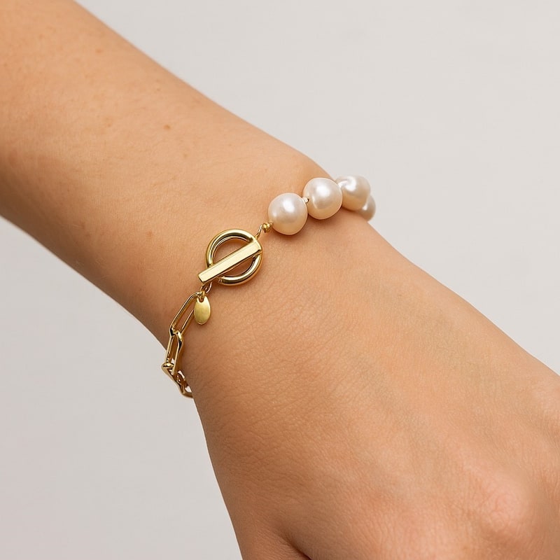 Mother of Pearl Bead and Chain Toggle Bracelet - Gold