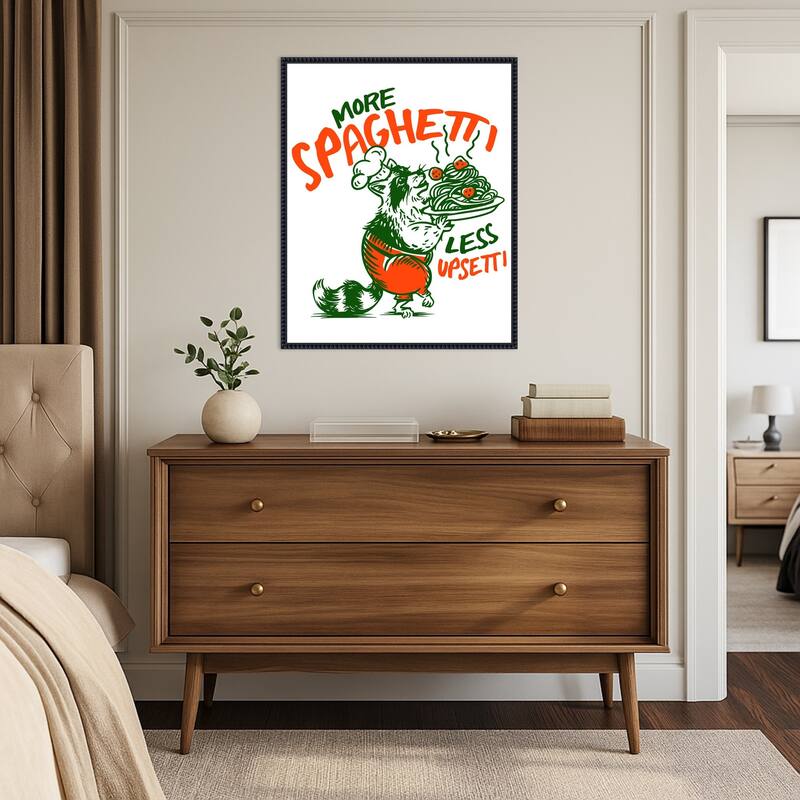 More Spaghetti Less Upsetti Raccoon with Pasta by The Whiskey Ginger Framed Canvas Wall Art Print