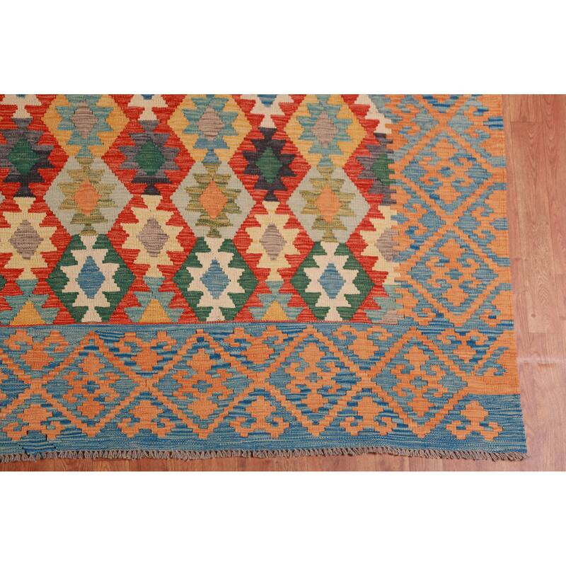 Reversible Kilim Oriental Rug Hand-Woven Tribal Reversible Wool Carpet - 10'0"x 12'10"