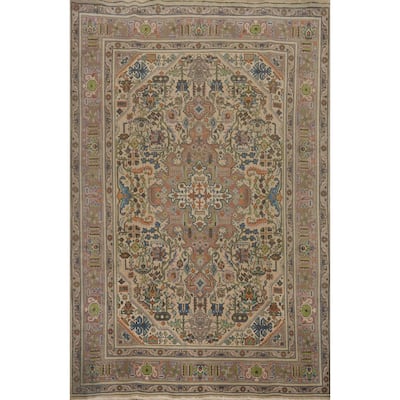 Hand Knotted Oriental 100% Wool Carpet Traditional Floral Beige & Ivories Tabriz Area Rug - 9' 6'' X 6' 5''