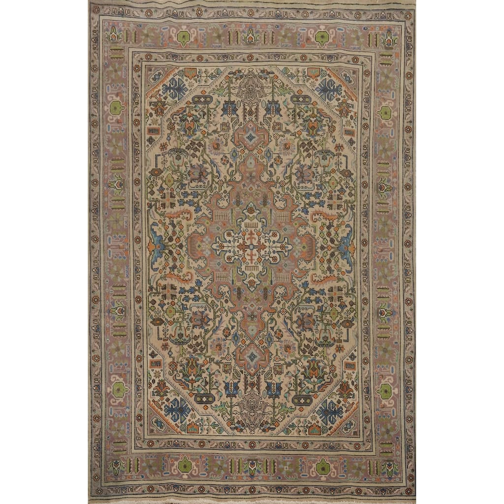 Hand Knotted Oriental 100% Wool Carpet Traditional Floral Beige & Ivories Tabriz Area Rug - 9' 6'' X 6' 5''
