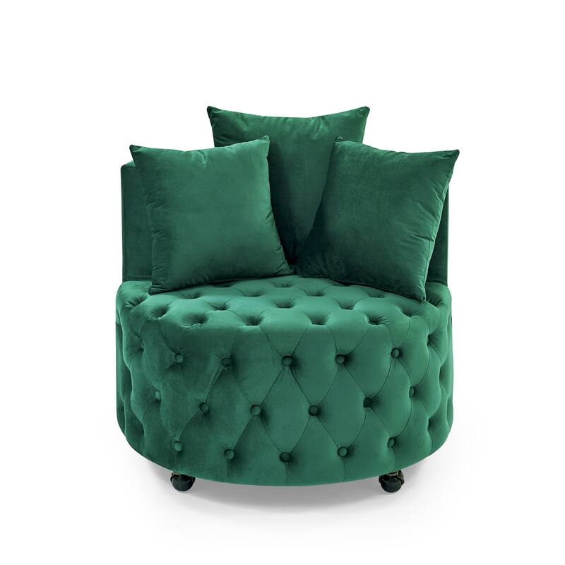 Roomfitters Velvet Swivel Chair with Tufted Button Design, Round Accent Chair with 3 Pillows and Wheels, Lounge Seating