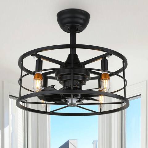 4-light Matte Black Industrial Cage Ceiling Fan with Remote Control
