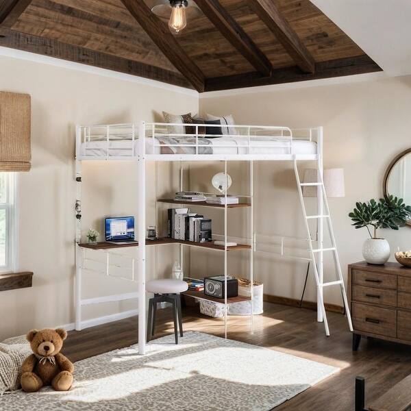 slide 2 of 15, Modern Twin Size Metal Loft Bed and Built-in Desk and Shelves, Sturdy Construction & Safety Guaranteed, Maximized Space, White White