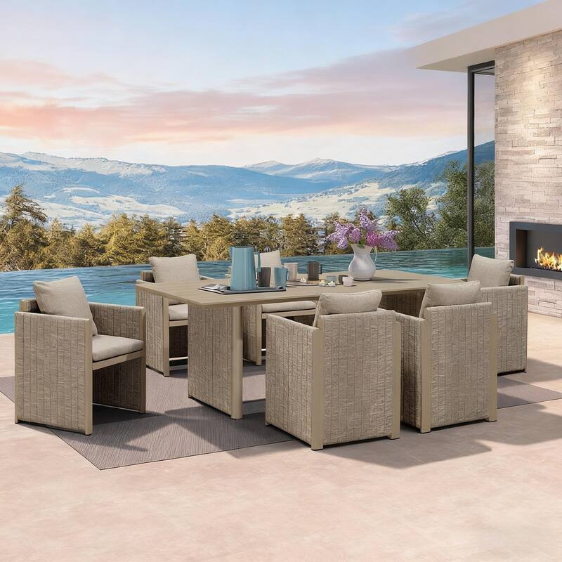 PURPLE LEAF Sanori Patio Dining Set Modern Large Weather-Resistant Table and Aluminum Chairs Beige for Garden Backyard Kitchen - 7-Piece Rectangle