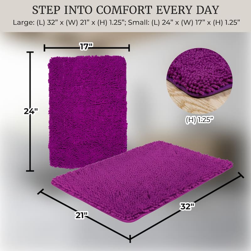 Bathroom Rugs - 2-Piece Memory Foam Bathroom Set with Chenille Shag Top and Non-Slip Base by Windsor Home