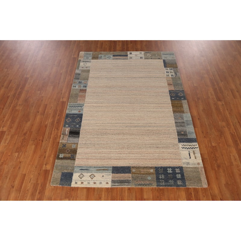 Geometric Gabbeh Indian Area Rug Handmade Beige Wool Carpet - 5'3" x 7'7"